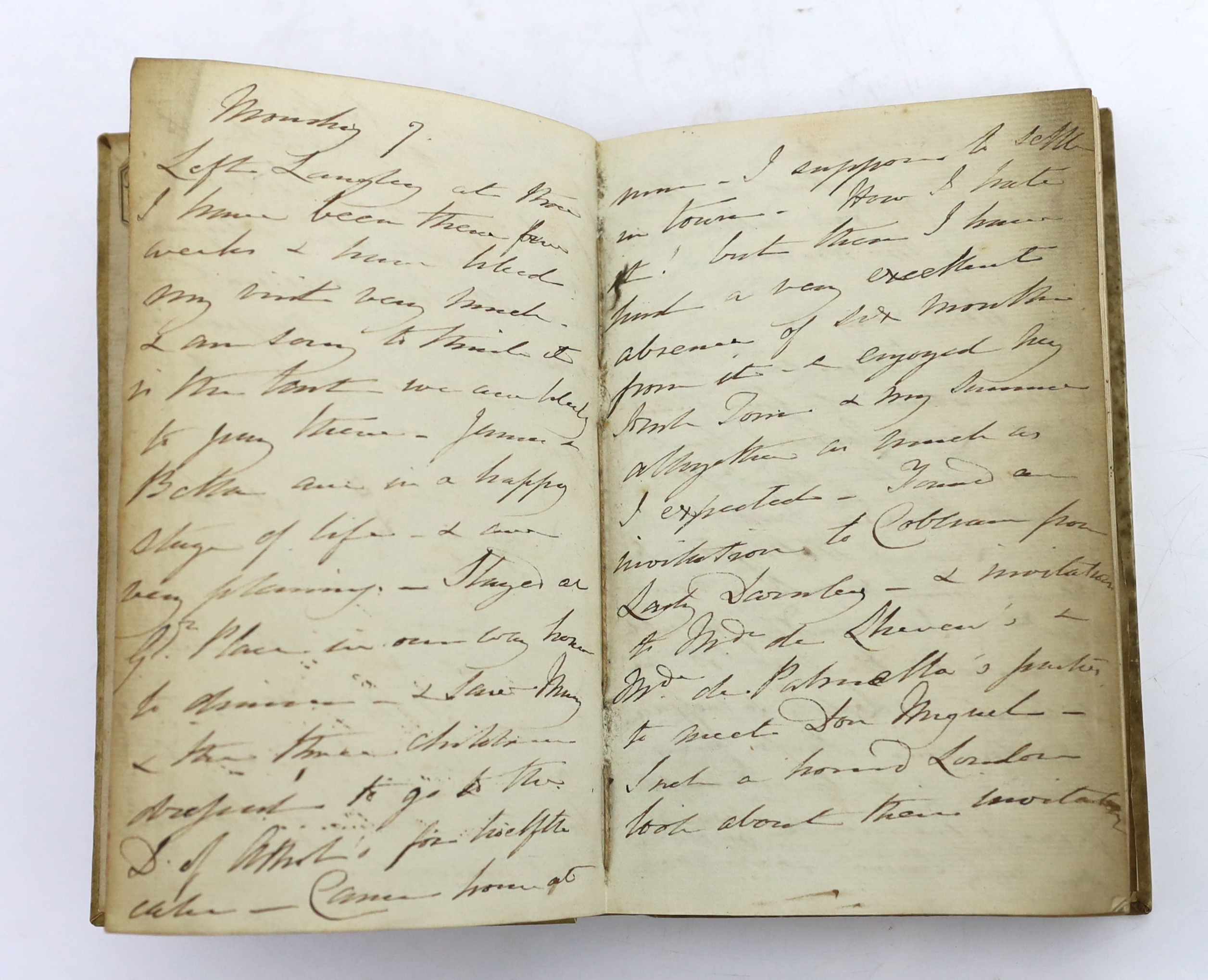 Journal of Emily Eden (1797-1869), novelist and traveller; 1 January - 29 March 1828, Paper book with marbled edges in a parchment binding, 18 x 12 cm, with label of the supplier J Bowen, wholesale stationer, 315 Oxford